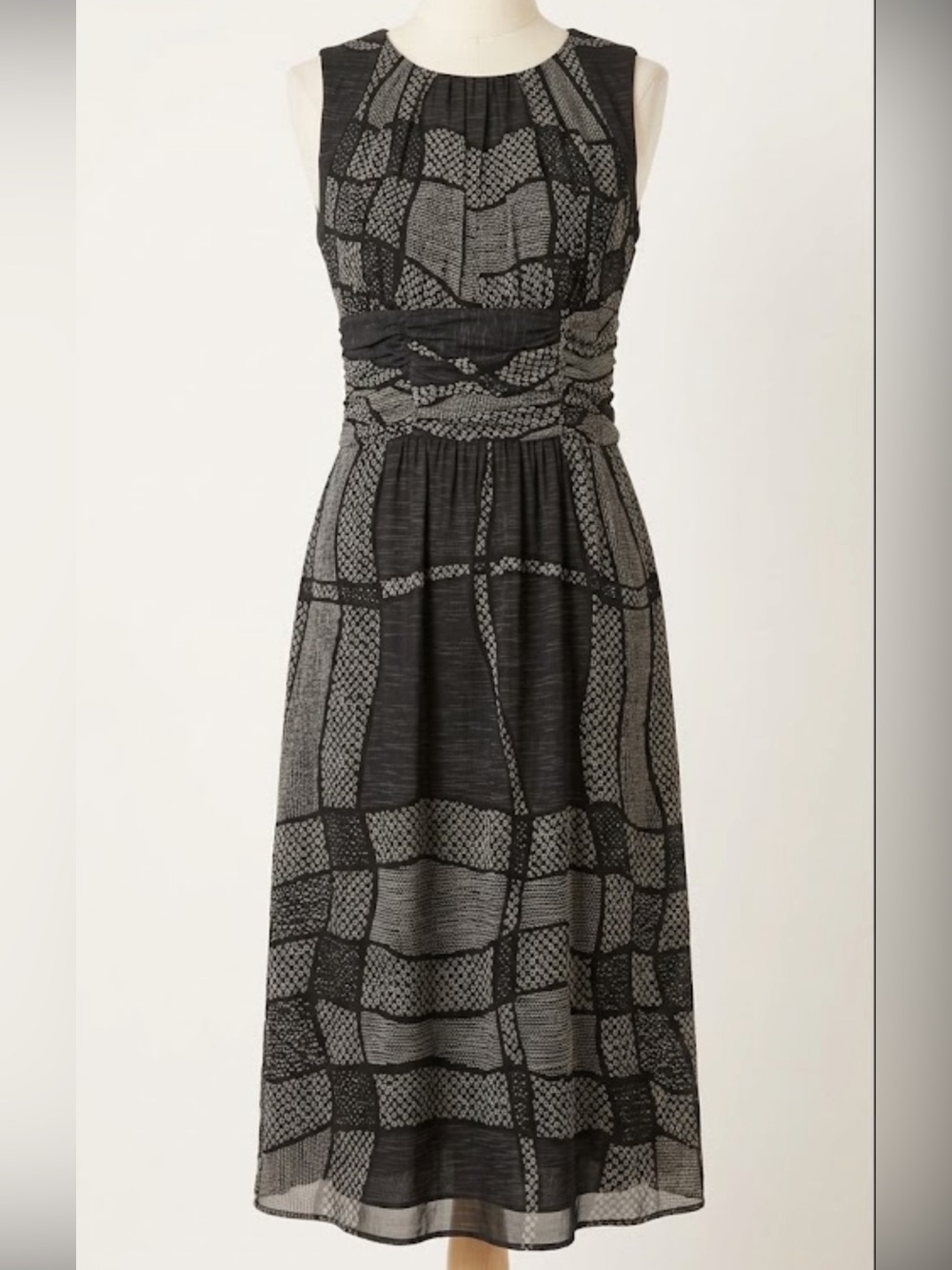 Burberry London Silk Plaid Grid Sleeveless Ruched Midi Dress